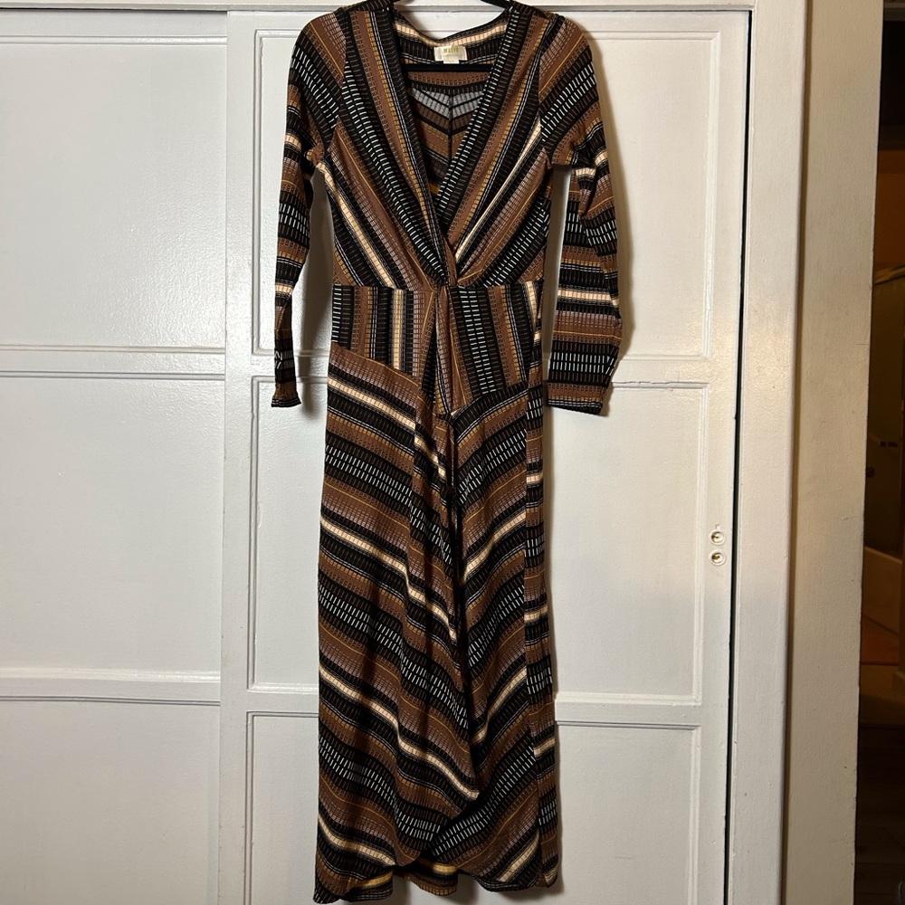 Anthropologie Maeve Long Sleeve Striped Dress Faux Wrap Brown Black Small 70’s